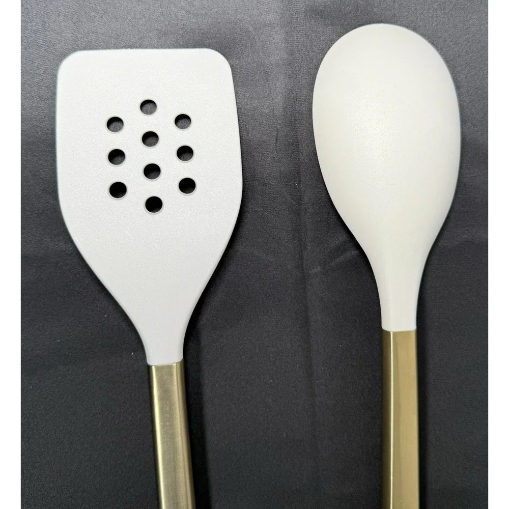 Figmint Kitchen Utensil Set 2pc Cream Gold Silicone Slotted Turner Solid Spoon